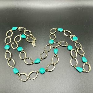 Ralph Lauren long necklace gold tone and faux turquoise #J12 signed RLL